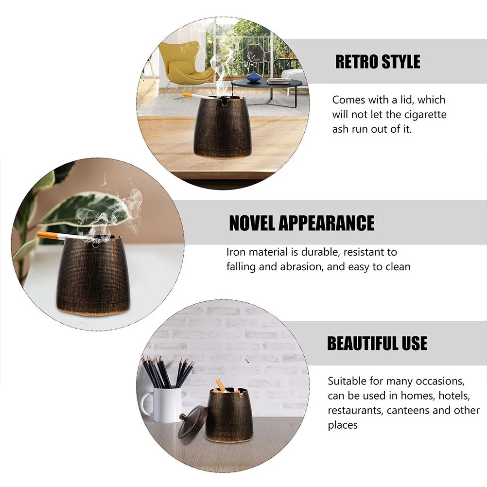 

Ash Tray Windproof Lidded Ashtray Desktop Ornament Vintage Style Holder Home Use Indoor Simple Container