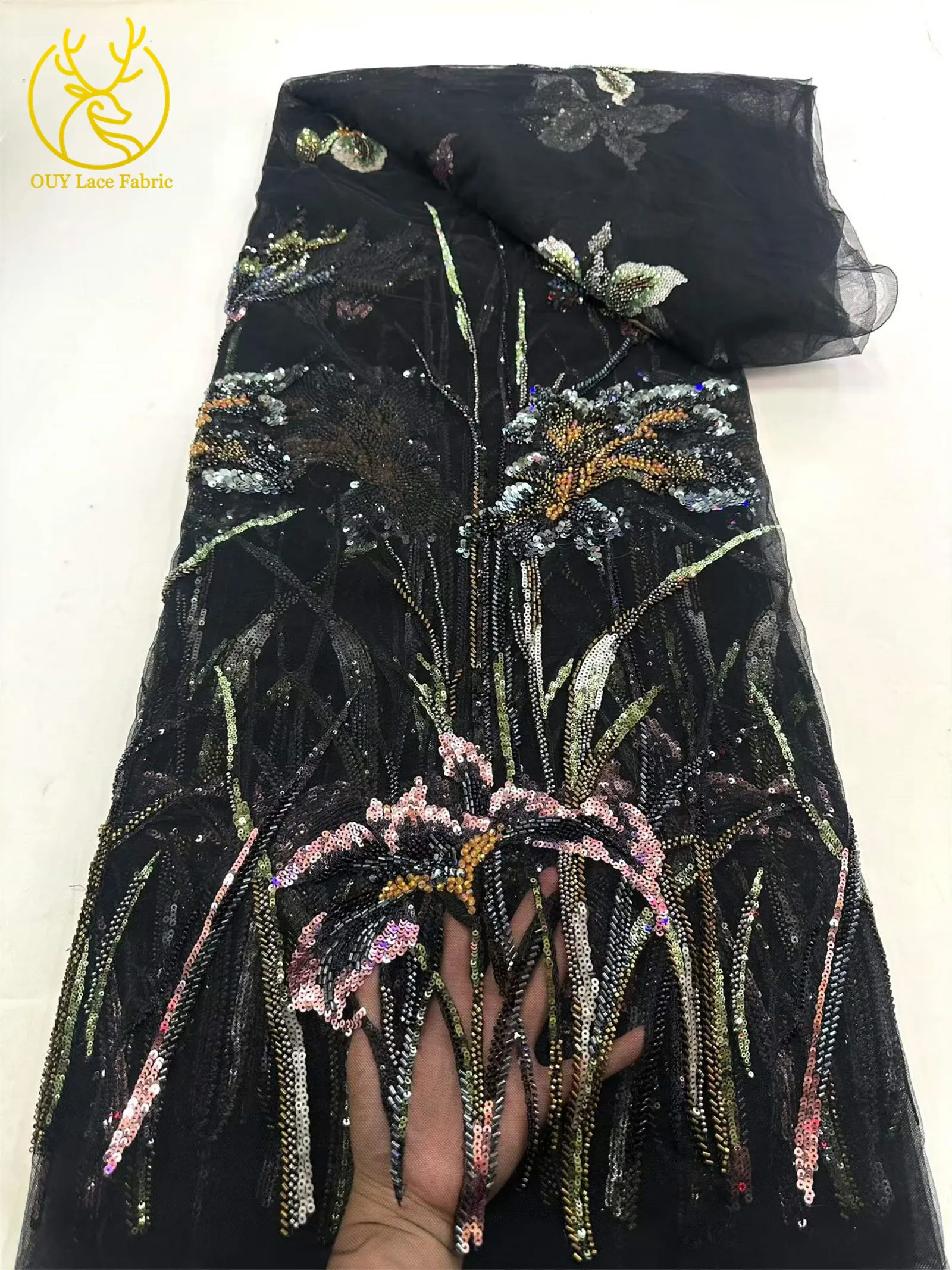 Modischer Afrikanischer Perlen-Pailletten-Spitzenstoff 2026 Hochwertiger Französischer Tüll Nigerianisches Damen-Abendkleid Nähzubehör 5 Yards – Detail 12