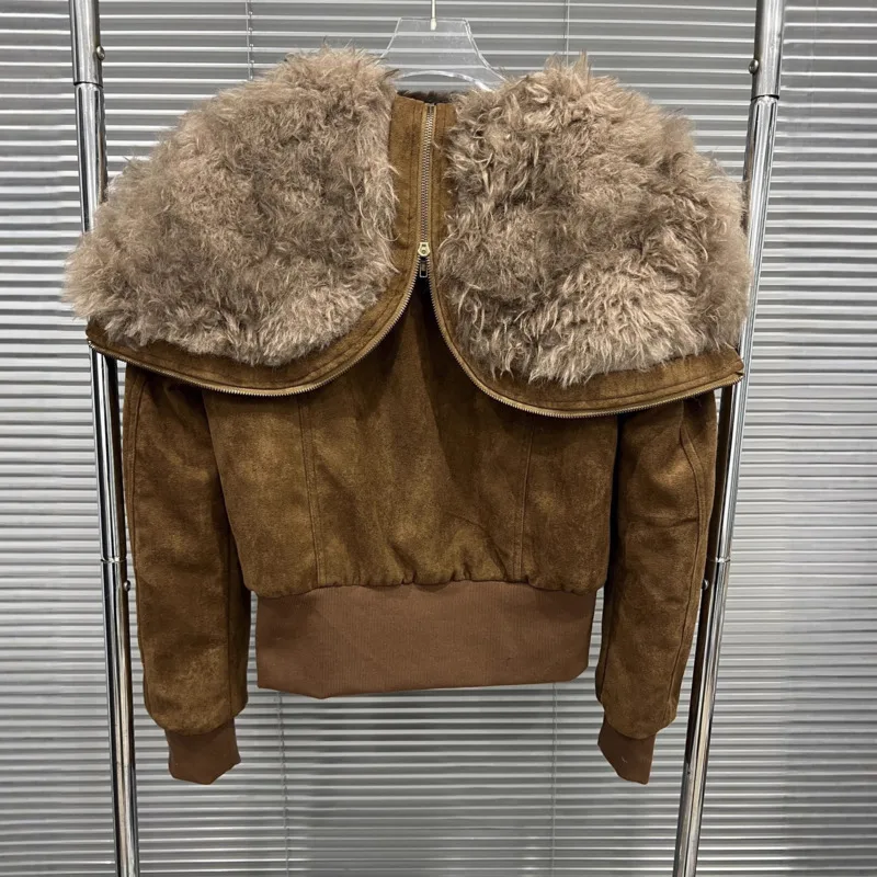 HKSH Jesień Zima Nowa Damska Ciepła Kurtka z Kapturem, Kołnierzem ze Sztucznego Futra, Zapinana na Zamek, Modna, Uniwersalna, Retro, Elegancka, Szykowna, Gruba Kurtka HK17027