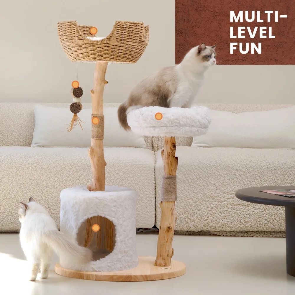 Cat Tree Tower with Two Real Branches, 44 INCH Wood Modern Cat Tower with Luxury Cat Condo, Scratching Post