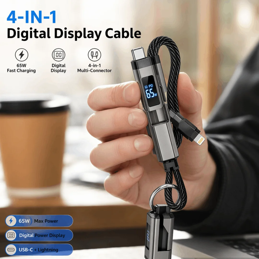 4-in-1 65W Keyring USB-C Fast Charge & Sync Cord LED Power Meter Pocket Size Multi Device for IPhone IPad Samsung Laptop