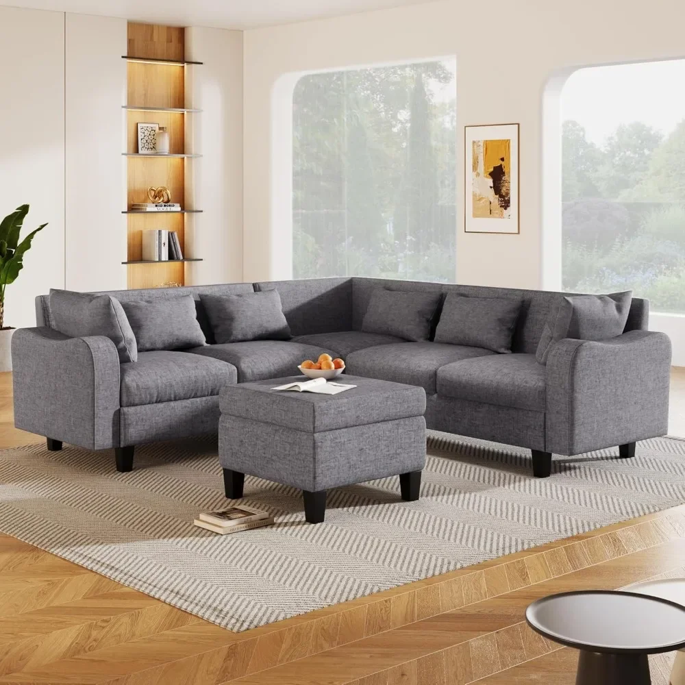 

L-Shaped Couch with Coffee Table & 6 Pillows 6Seat Sectional Sofa with Storage Ottoman & Unique Curved Armrest Convertible Sofa