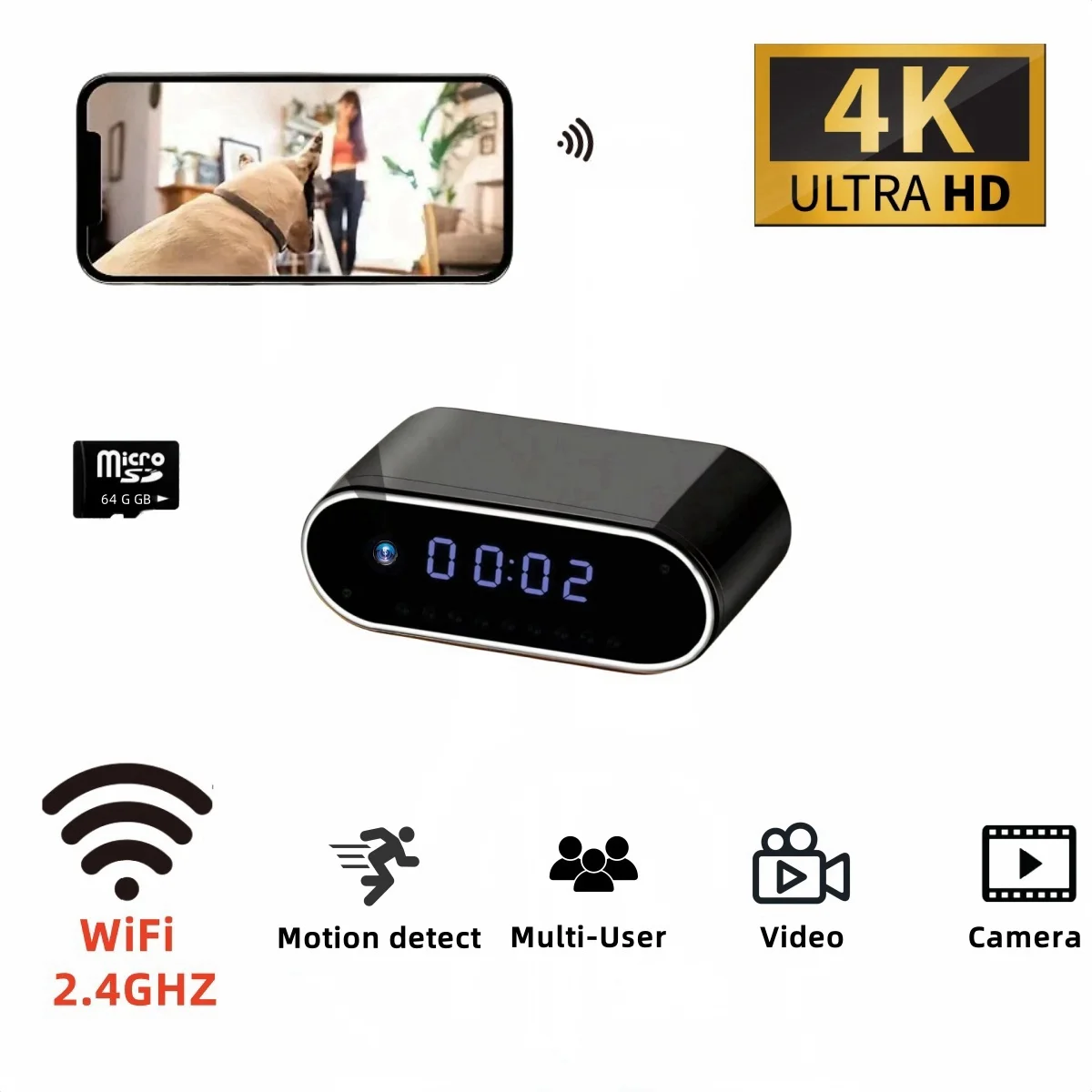 Cámara de reloj inalámbrica con visión nocturna WiFi HD 4K visualización remota para vigilancia del hogar y la oficina, cámara de seguridad con 64G