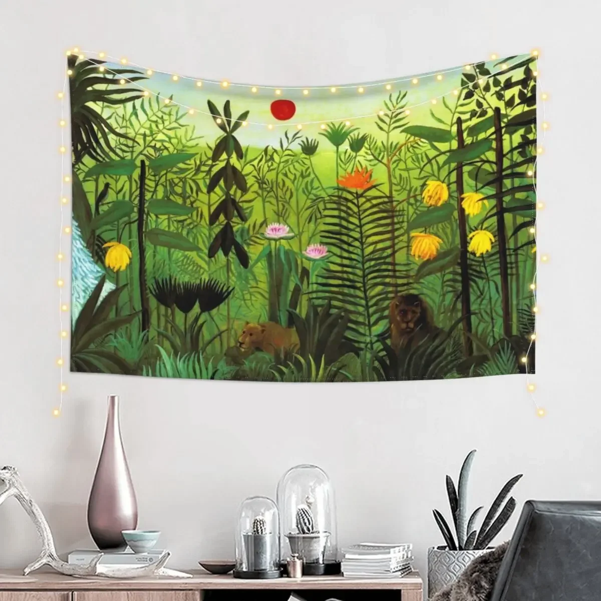 Henri Rousseau Exotic Landscape with Lion and Lioness in Africa, 1903-1910 Tapestry Room Decor Cute Mushroom Tapestry