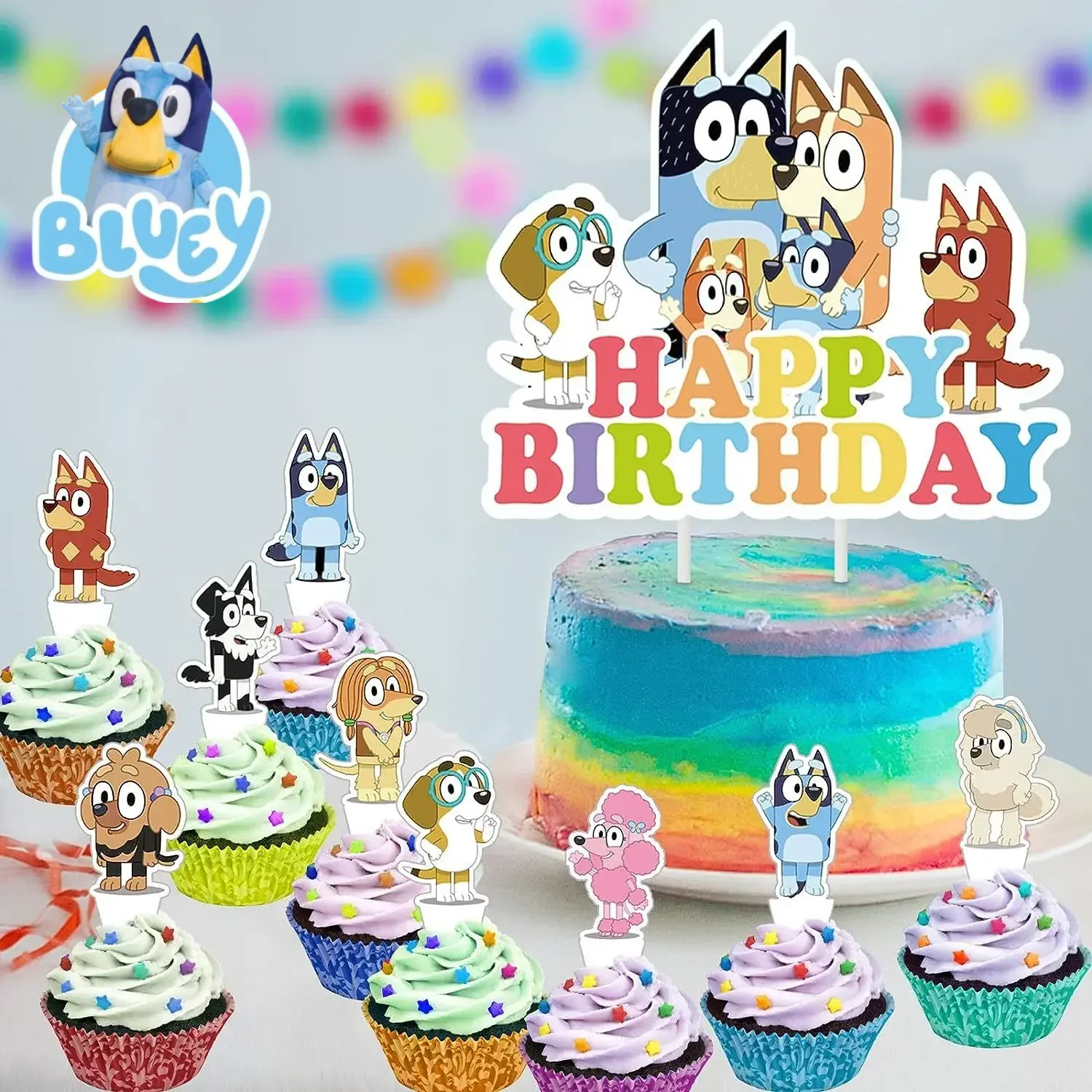 25pcs Bluey Cake Decoration Cartoon Blue Dog Bingo Cupcake Top Happy Birthday For Kids Birthday Party Cake Dessert Decorations