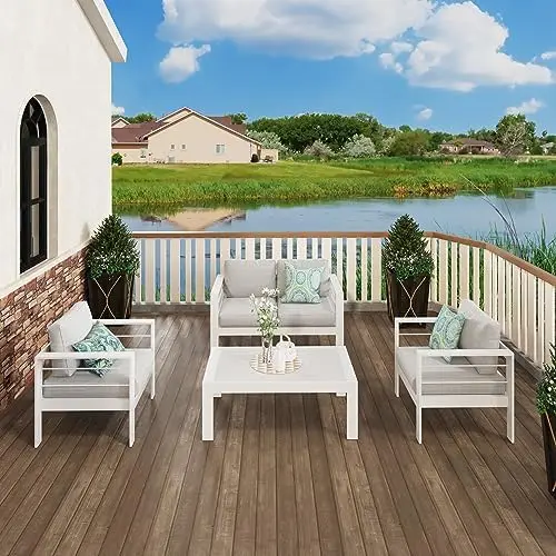 Outdoor Loveseat Patio Furniture Sofa, All-Weather Metal Outdoor Couch with Cushions,Light Grey