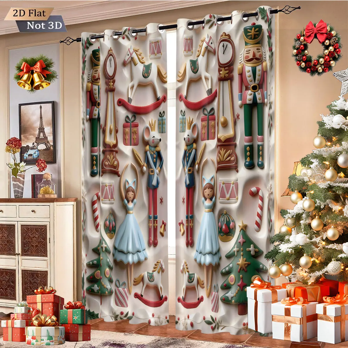 2pcs imitation relief Christmas print perforated curtains multi size living room bedroom insulation decorationeasy installation