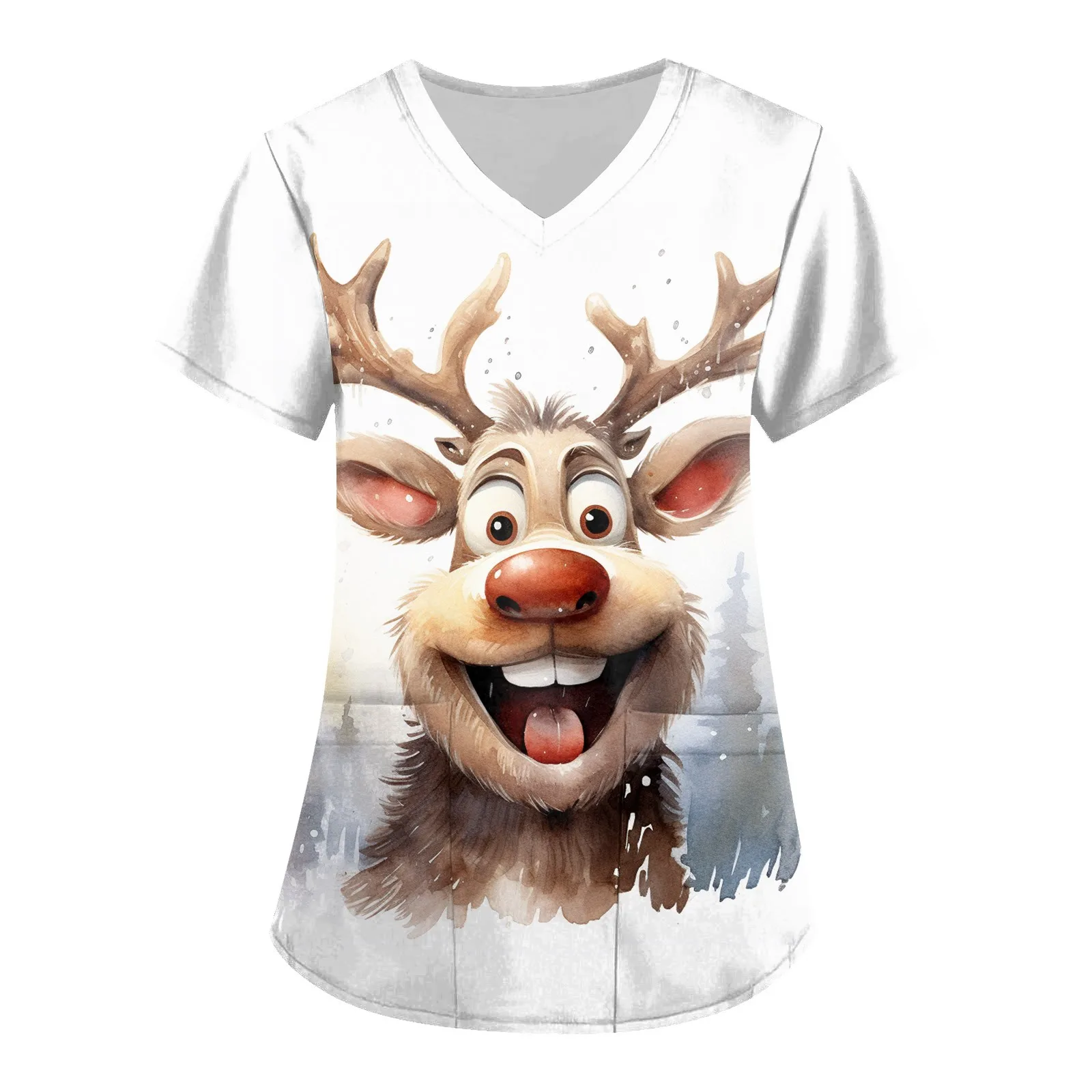 Christmas Deer Snowman Work Suit Casual Style Women's Top 2024 Summer New Women's Personalized Home Clothes Pocket Print WB9