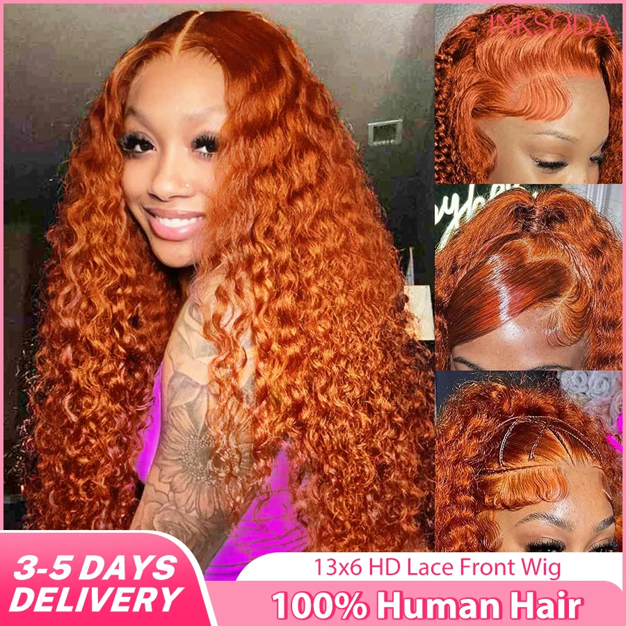 350 gengibre onda profunda 13x6 hd peruca dianteira do laço cabelo humano 40 30 Polegada laranja gengibre colorido encaracolado perucas preplucked onda de água 13x4