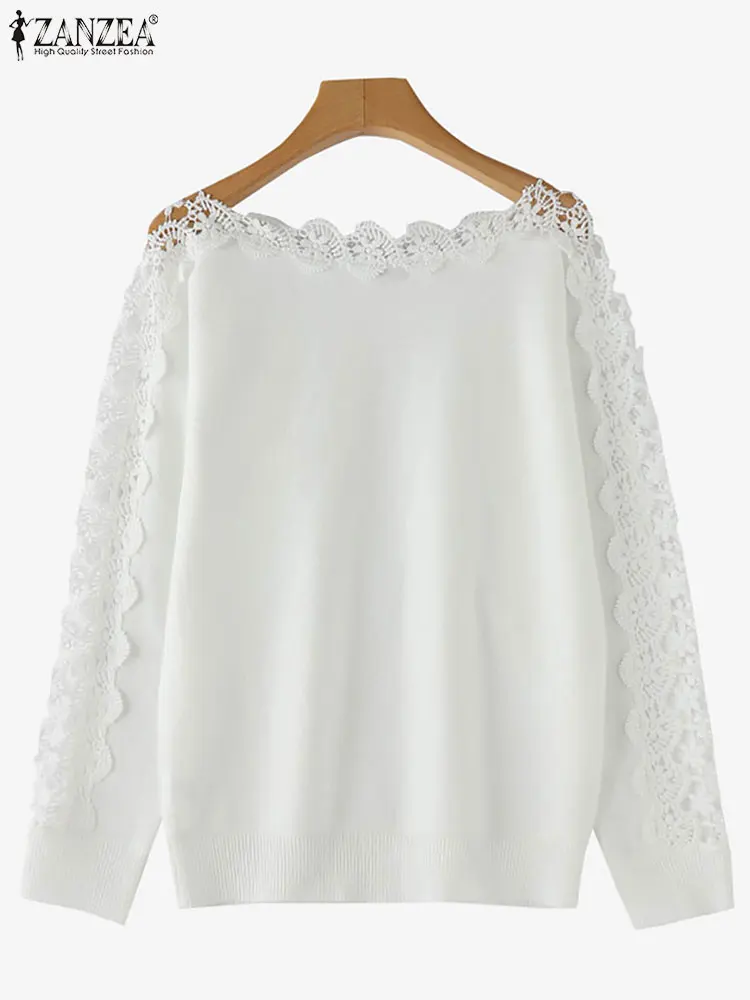 ZANZEA 2025 Herfst Vrouwen Truien Vintage Effen Truien Mode Elegante Jumpers Boothals Casual Patchwork Kant Tops Oversize