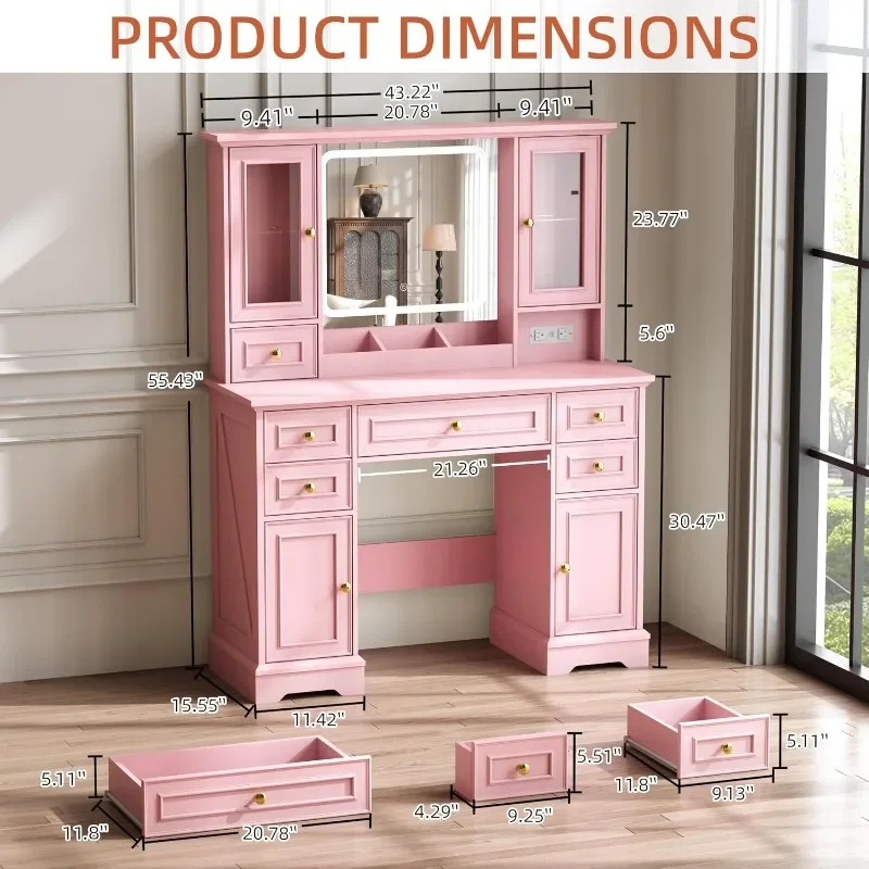 Vanity Desk with Mirror & Lights, Makeup Vanity with Power Outlet & USB Ports, Farmhouse Dressing Table,Drawers&Storage Cabinets