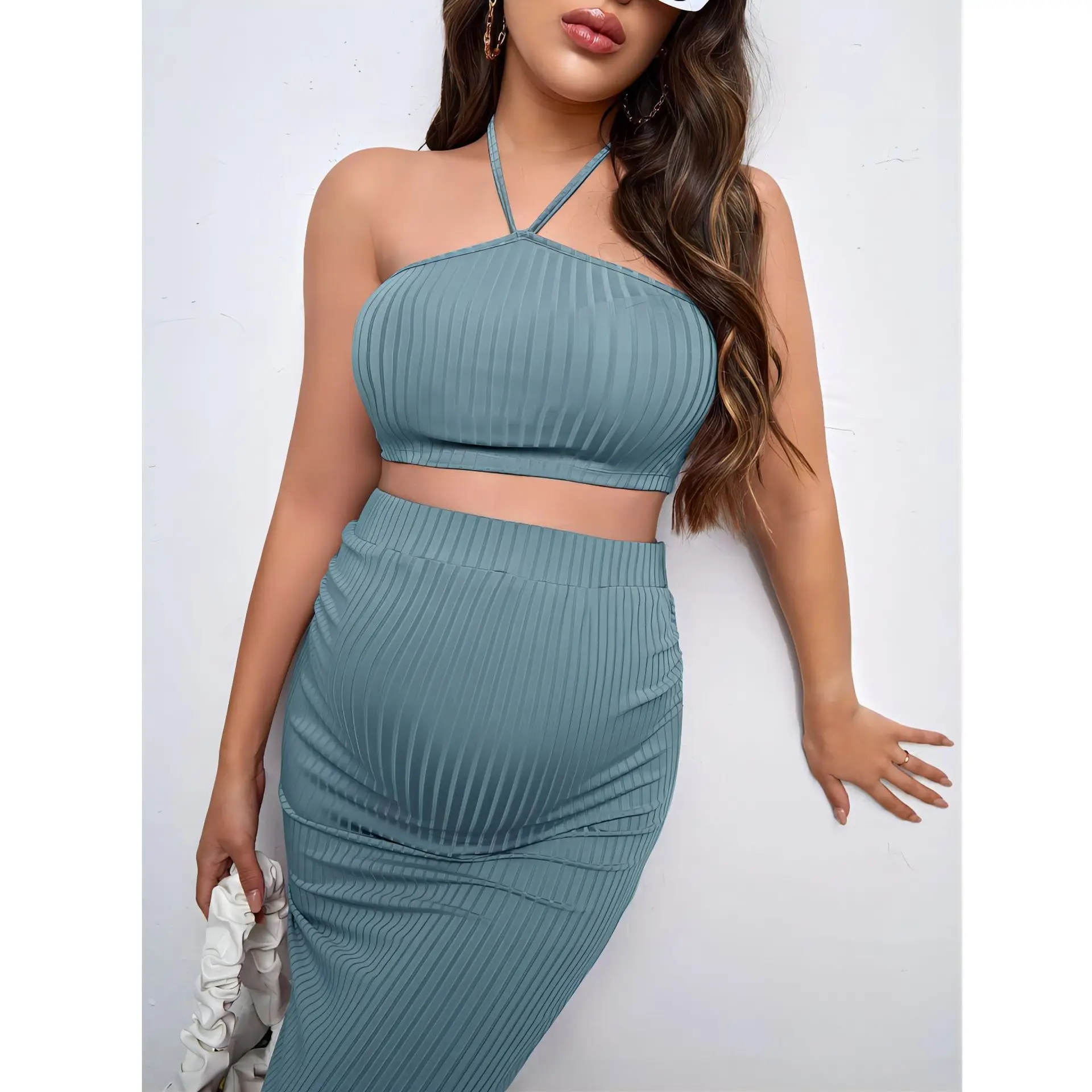 

Casual Style Two-Piece Set for Pregnant Women Rib Knit Top and Pencil Skirt in Set