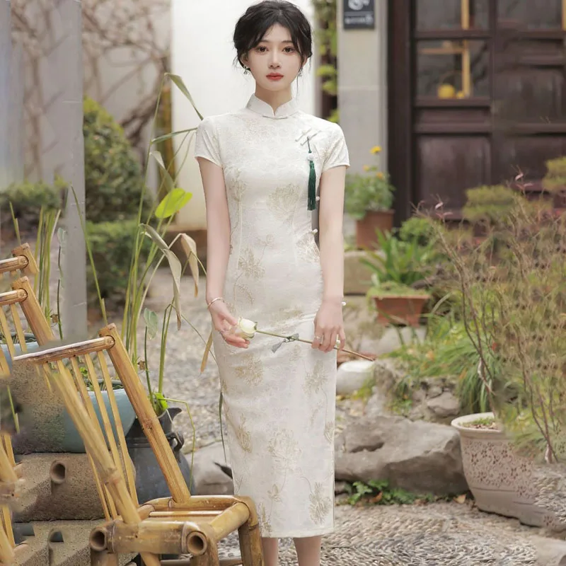 Women's Lace Cheongsam Slim Long Modified Dress 2026 Spring Autumn Fashion Chinese Embroidery Elegant Slimming Cheongsam