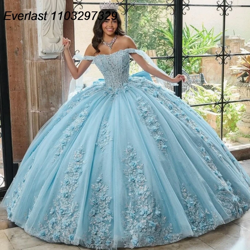 EVLAST Blue Quinceanera Dress Ball Gown Shiny Lace Applique Crystal con perline con fiocco corsetto Sweet 16 Vestidos De 15 Anos TQD752