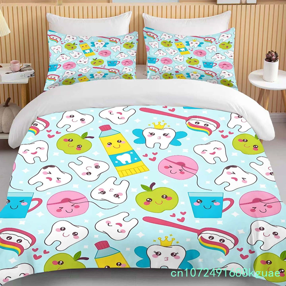 Cute Cartoon Teeth Print Bedding Set Duvet Cover 1 Duvet Cover 2 Pillowcases Adult And Children Bedding Set Luxury Bed Cover Set