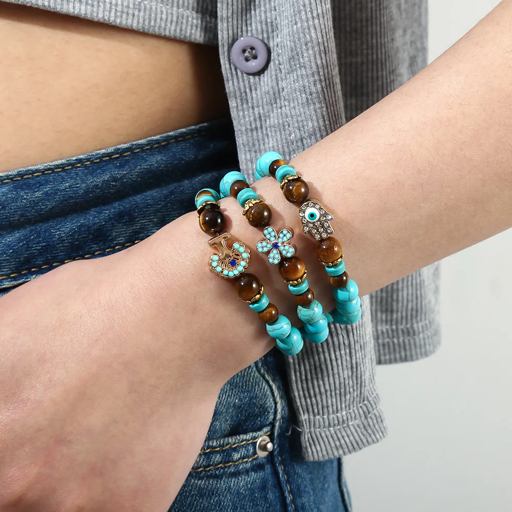 Beaded Bracelet 8mm Turquoise Natural Stone Tiger Eye Vintage Cross Star Pendant Charm Jewelry Handmade Gift Daily Party Wear