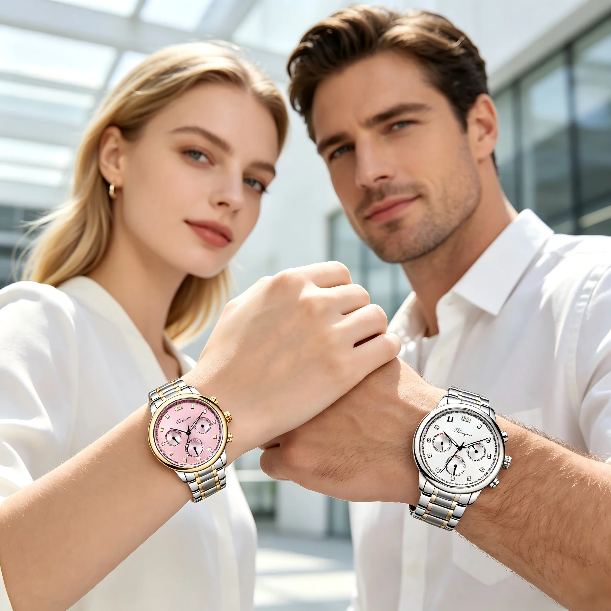 Rlongtou Couple Quartz Watch Men Women Multifunction Chronograph Calendar Week 30M Waterproof Stainless Steel Band Business Love