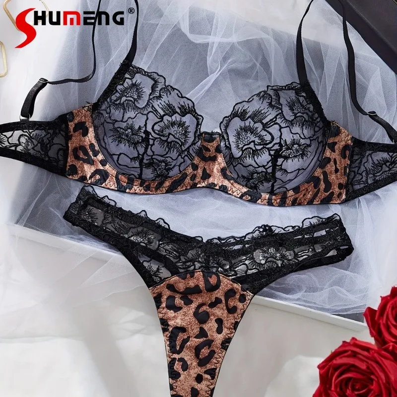 

Leopard Print Color Block Intimates for Women French Ultra Thin See Through Lingerie Set Female Japanese Style Brief Suits
