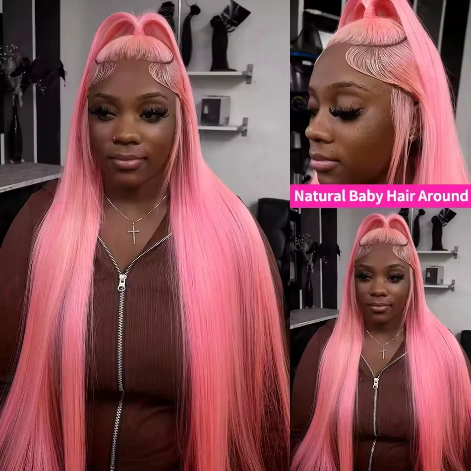 Straight Pink Human Hair Wig 13X6 13X4 Hd Transparent Lace Frontal Wig 30 36 Inch Brazilian Lace Front Colored Pre Plucked Wigs