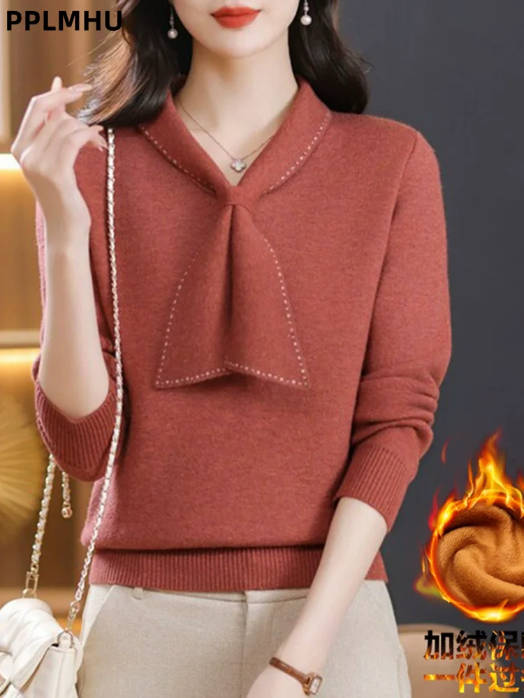

Thick Velvet Warm Knitted Sweater Women's Casual Loose Oversized Bottomed Jumpers Fashion V-neck Soft Knitwear Pullobers Top