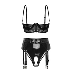 Womens Patent Leather Sexy Lingerie Set 1/3 Cup Underwired Lace Bra Top and High Waist Open Crotch Thong with Garter Clips Suit