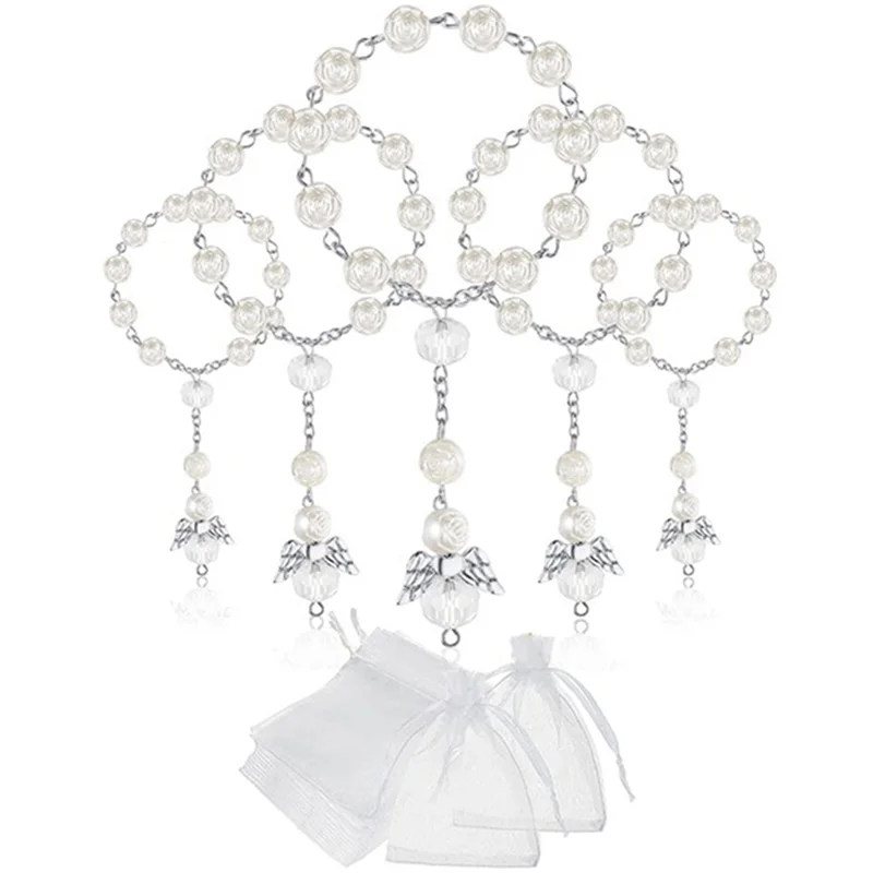 20 Pcs Baptism Acrylic Rosary Beads Mini Rosaries Angel with Organza Bags for the First Communion Baptism Party Favors