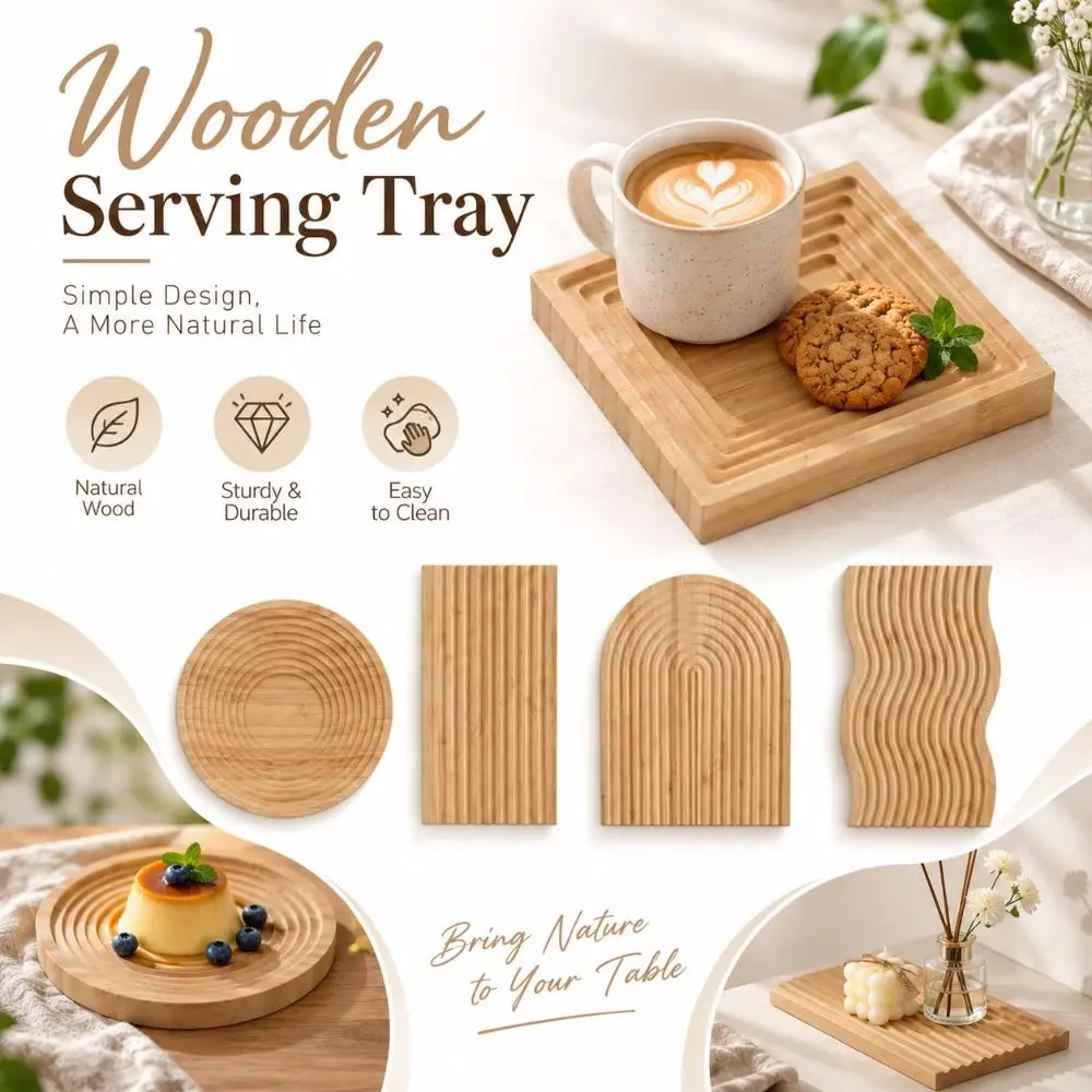 New Geometric Wooden Serving Tray Boho Style Multi-use Serving Tray Photo Props for Fruit Bread Vegetables Coffee