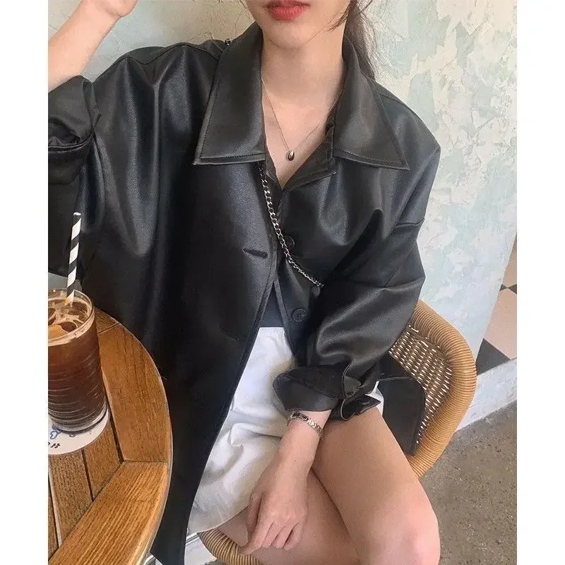 South korea Chic Summer  Handsome Lapel Single-Breasted Loose Casual All-matching Long sleeve Leather Coat Outerwear Women