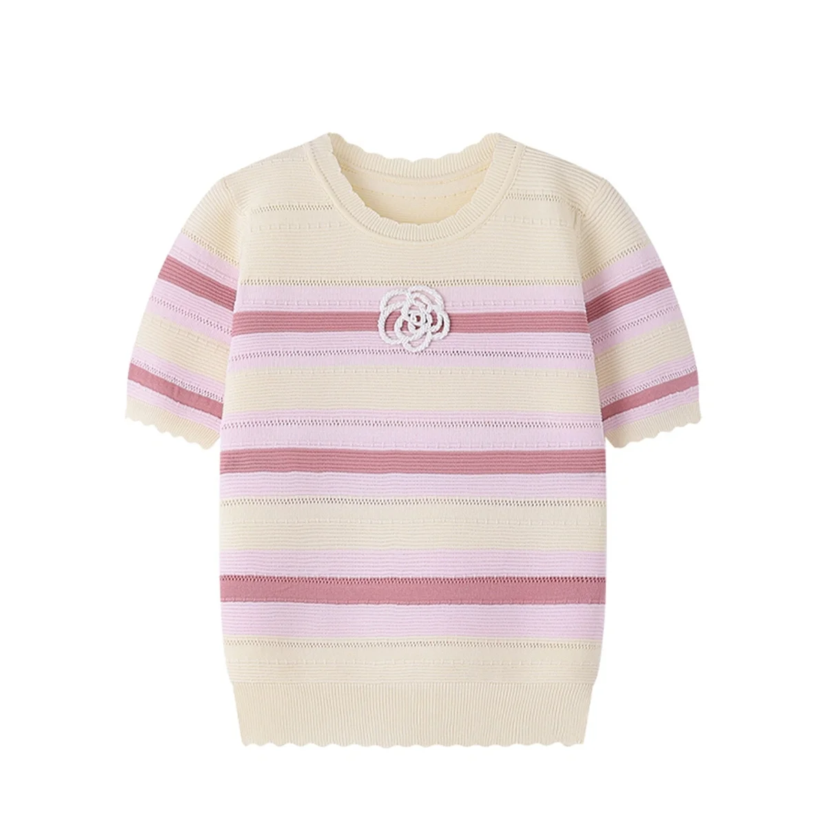 

Sweet Striped Camellia Beaded Hollowed Summer Knitted Tshirt For Women Casual Short Sleeve Pullover Knitwear Female Tops