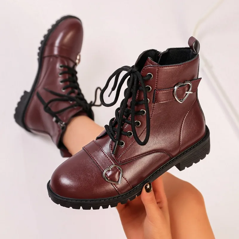 Spring Autumn Round Toe Heart Buckle Outdoor Casual Women's Ankle Boots 2026 Fashionable Solid Elegant Trend Comfort Women Boots