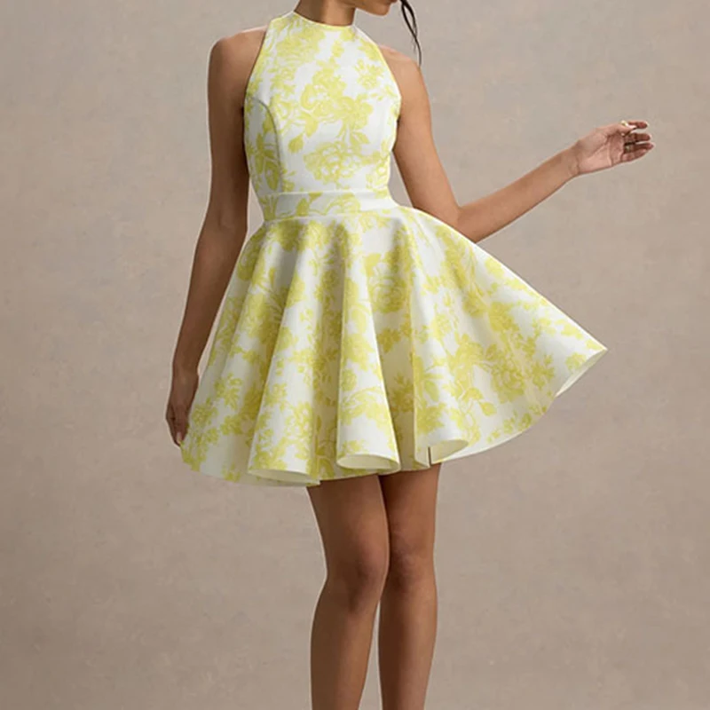 أزياء س الرقبة الدانتيل يصل مساء اللباس المرأة شيك طباعة أكمام عارية الذراعين فستان قصير مثير سليم عالية الخصر مطوي ألف خط اللباس