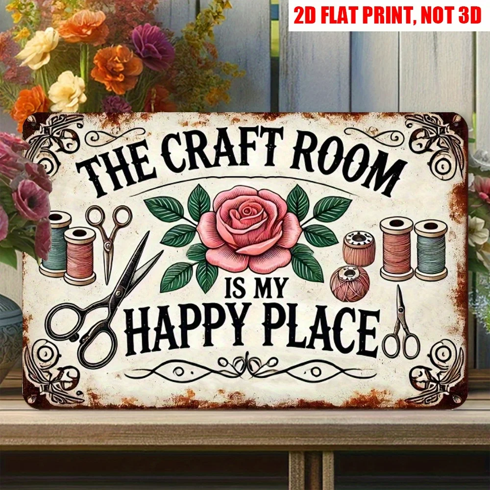 شعار معدني مسطح ريترو ستوديو ثنائي الأبعاد، 12 * 8 بوصة تأثيرات بصرية ملونة لوحة زخرفية مع مقص، مخطوطات، توضيح زهور