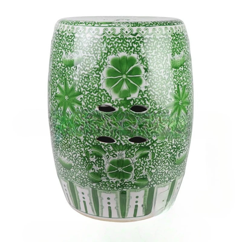 

Hand-painted alum red Kowloon picture ceramic shoe drum green entwined lotus porcelain stool