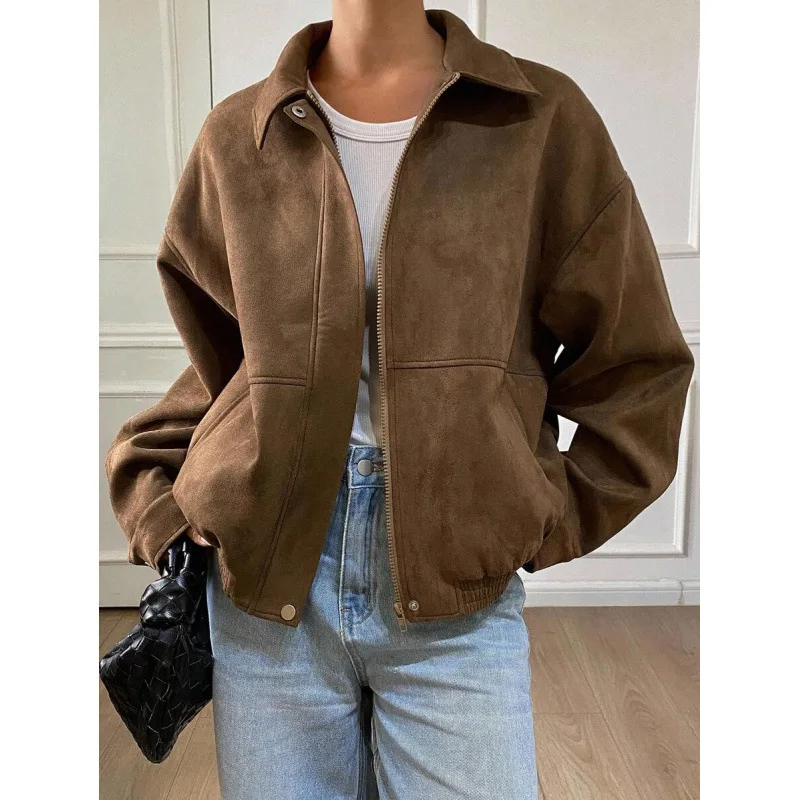 

Vintage Suede Jacket Women's Outerwear Soft Leather Coat Spring Seasonal Fashionable Casual Style No Brand Registered Trademark