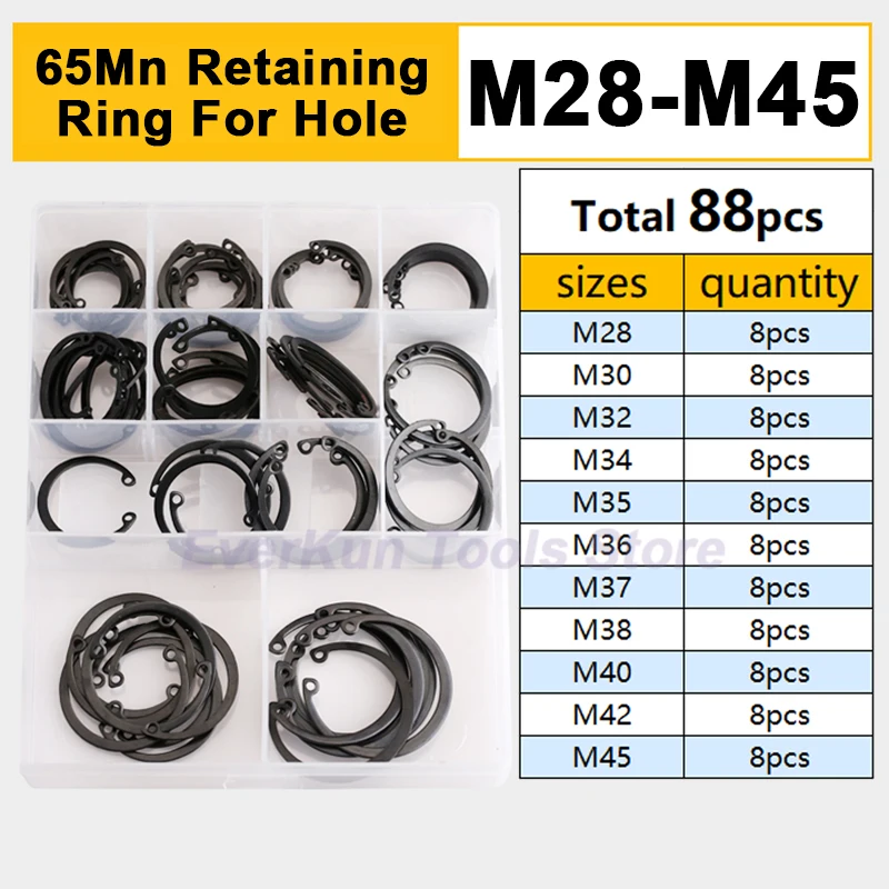 

88Pcs M28 M30 M32 M34-M45 Black C Type Internal Circlip Retaining Rings for Hole 65Mn Steel Circlip Snap Ring Assortment Kit Set