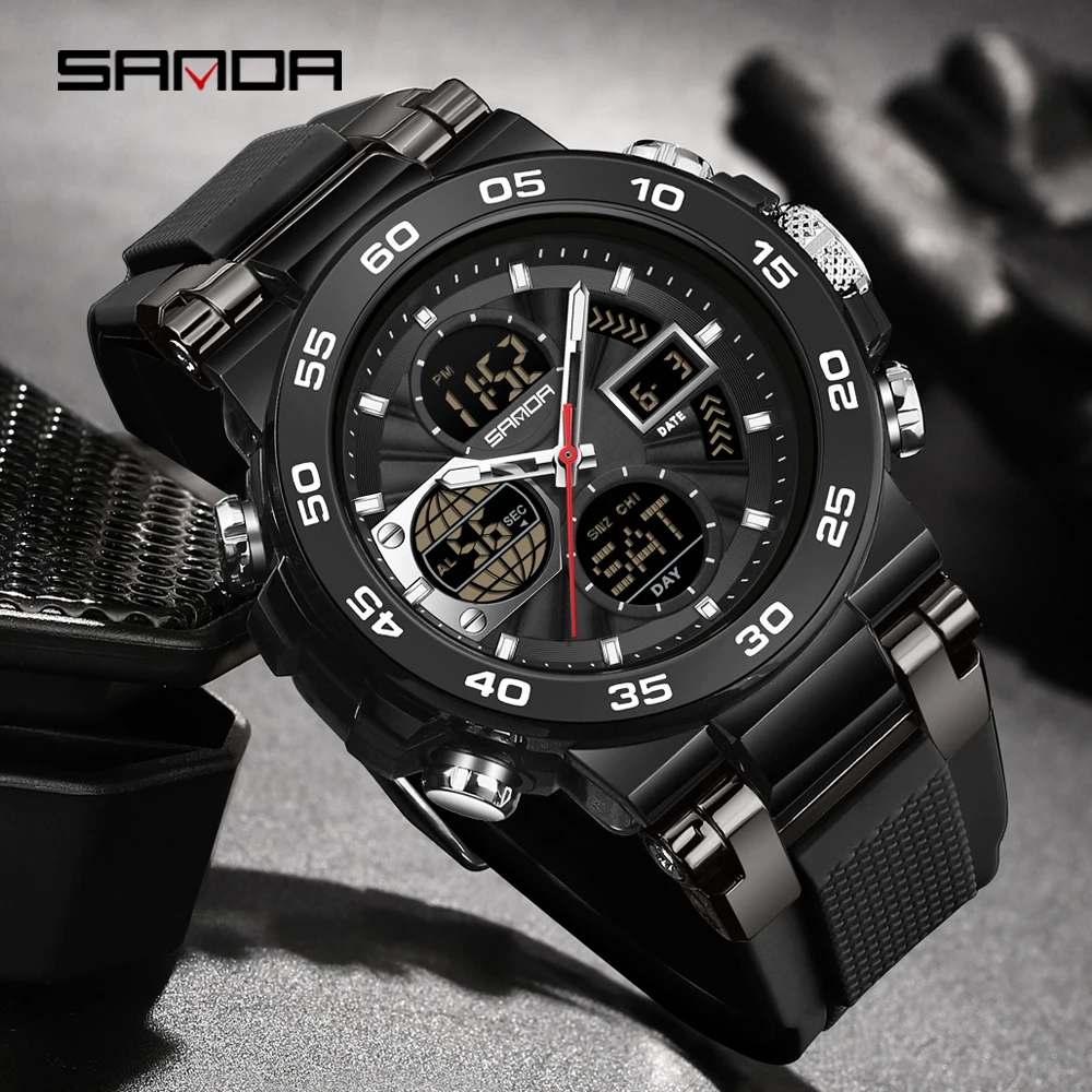 

SANDA Светящиеся многофункциональные часы с двойным экраном для активного отдыха, 3 часовых пояса, спортивные водонепроницаемые мужские электронные кварцевые часы -3