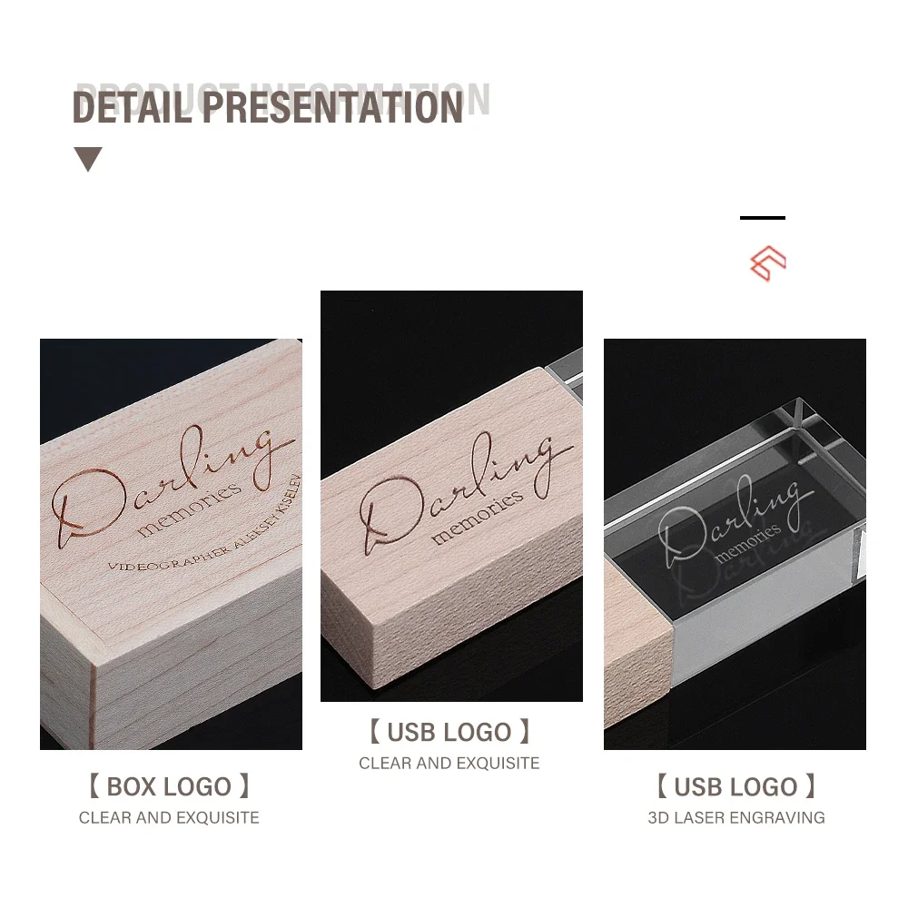 White LED USB 3.0 Flash Drive Crystal Wooden Box Pen Drive Free Custom Logo Pendrive Photography Gifts Memory Stick 128GB 64GB