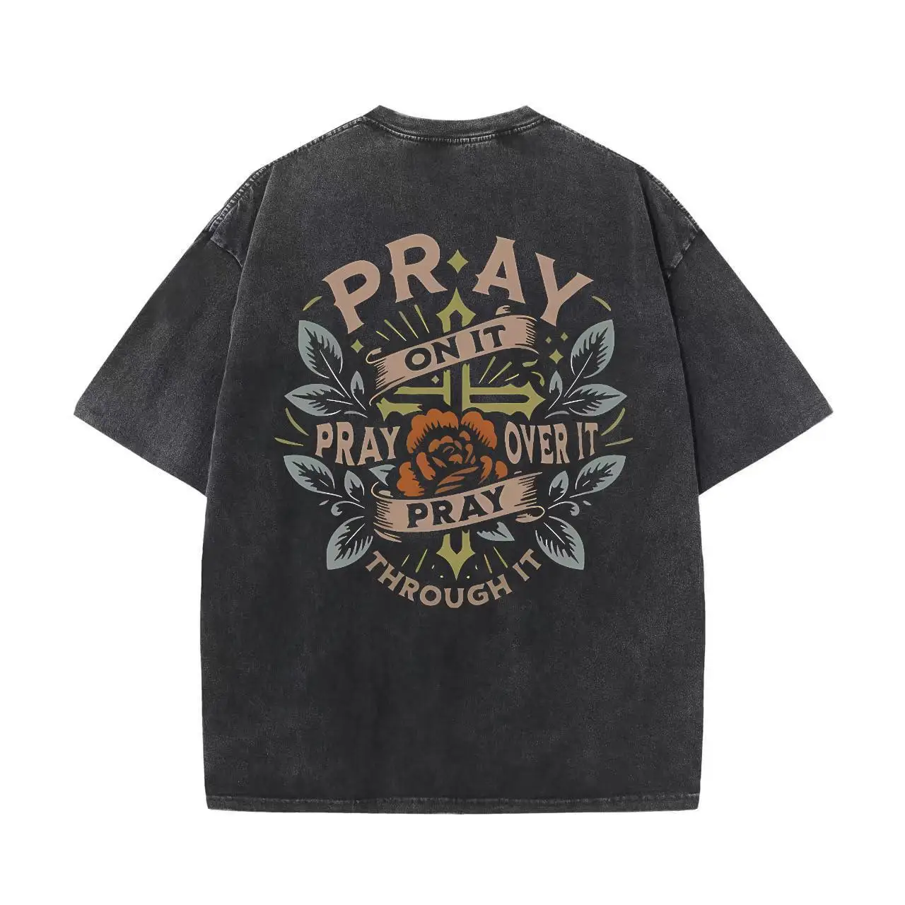 

Washed Tee With "Pray On It, Pray Over It, Pray Through It" Religious Graphic, Short - Sleeved