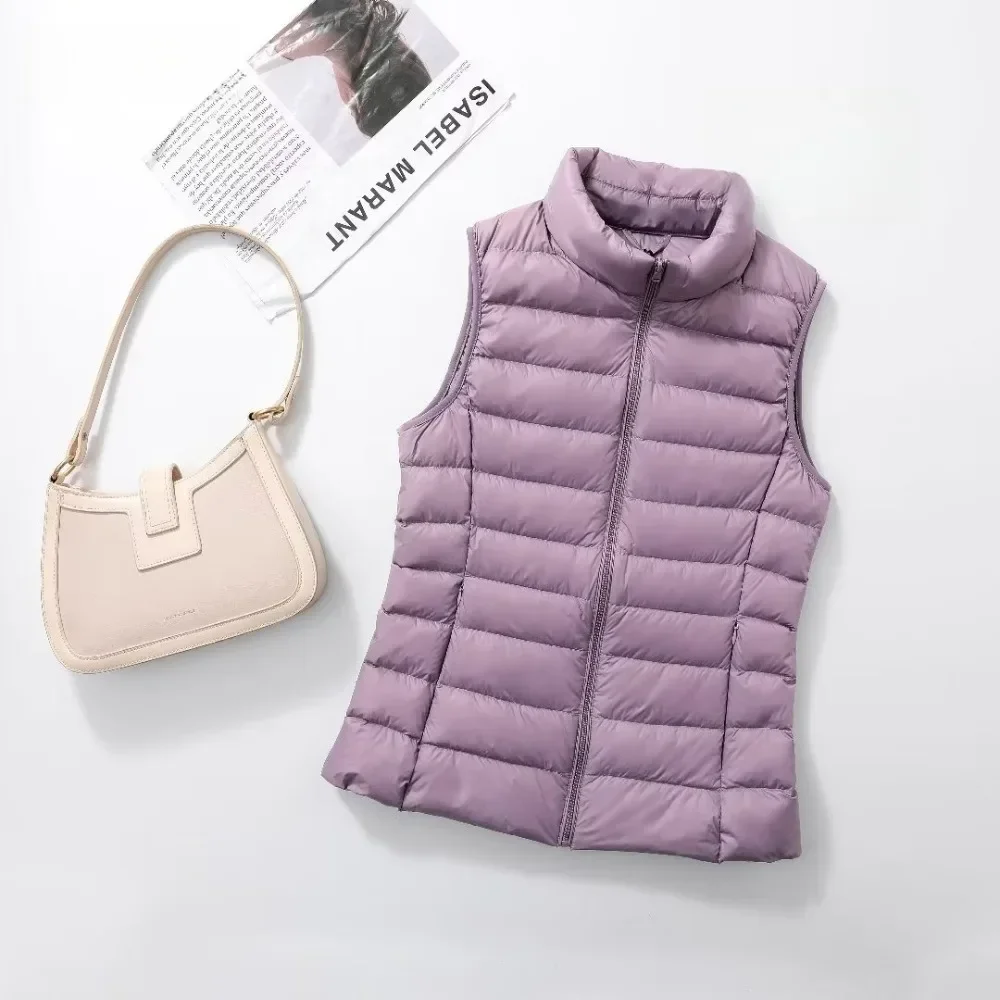 Women White Duck Down Jacket Vest 2023 Autumn Winter Ultra-light Thin White Duck Down Stand Collar Portable Sleeveless Down Coat