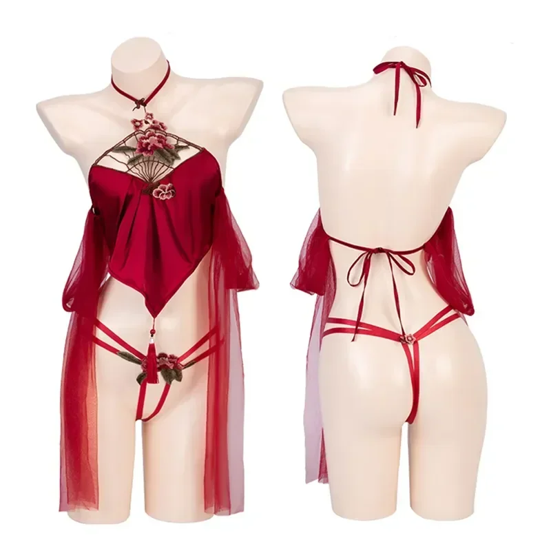 Chinese Traditional Red Bellyband Hanfu Dress Women Sexy Lingerie Erotic Cosplay Mesh Costume Retro Embroidery Babydolls