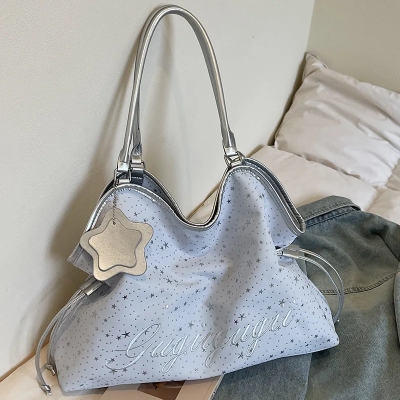 スタープリントトートスクールバッグ女の子用ins韓国ファッション大容量ニッチショルダーバッグ女性カジュアル通勤ハンドバッグ