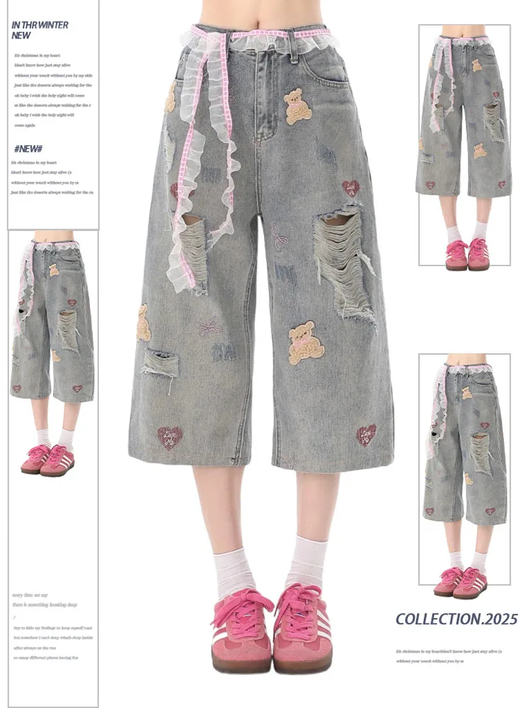 

Повседневные джинсовые шорты с высокой талией для женщин, летние, новые, свободные, стройнящие, больших размеров, супердлинные (семь футов), трендовые...