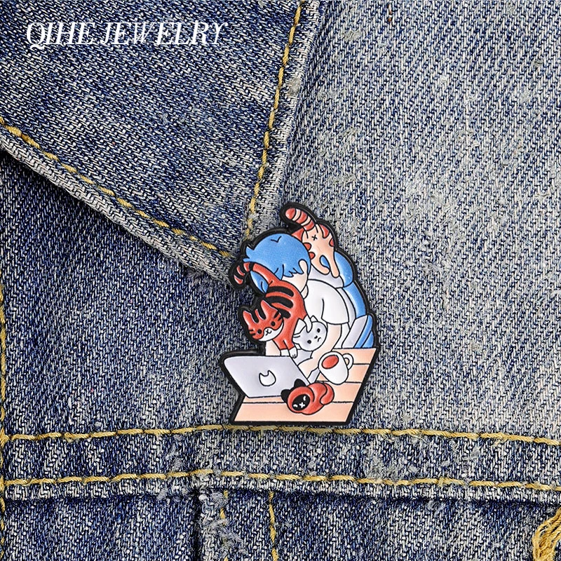 Cute Boy & Playful Cats Interacting Brooch Enamel Pin Boy Surrounded By Cats At Desk Brooch Bags Lapel Badge Gift for Cat Lovers