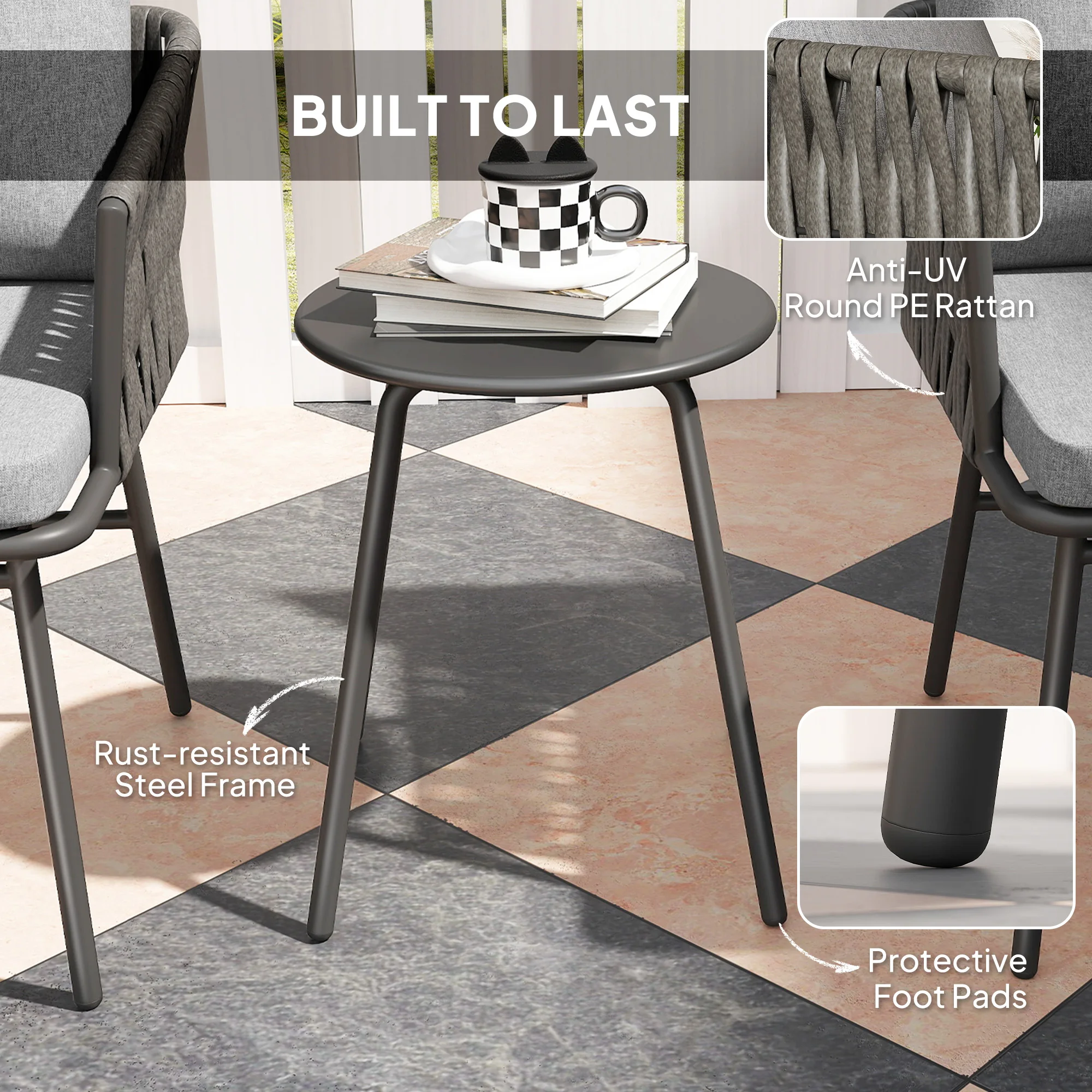 Outsunny 3-Piece Rattan Bistro Set, Garden Table and Chairs with 4 Cushions, Grey