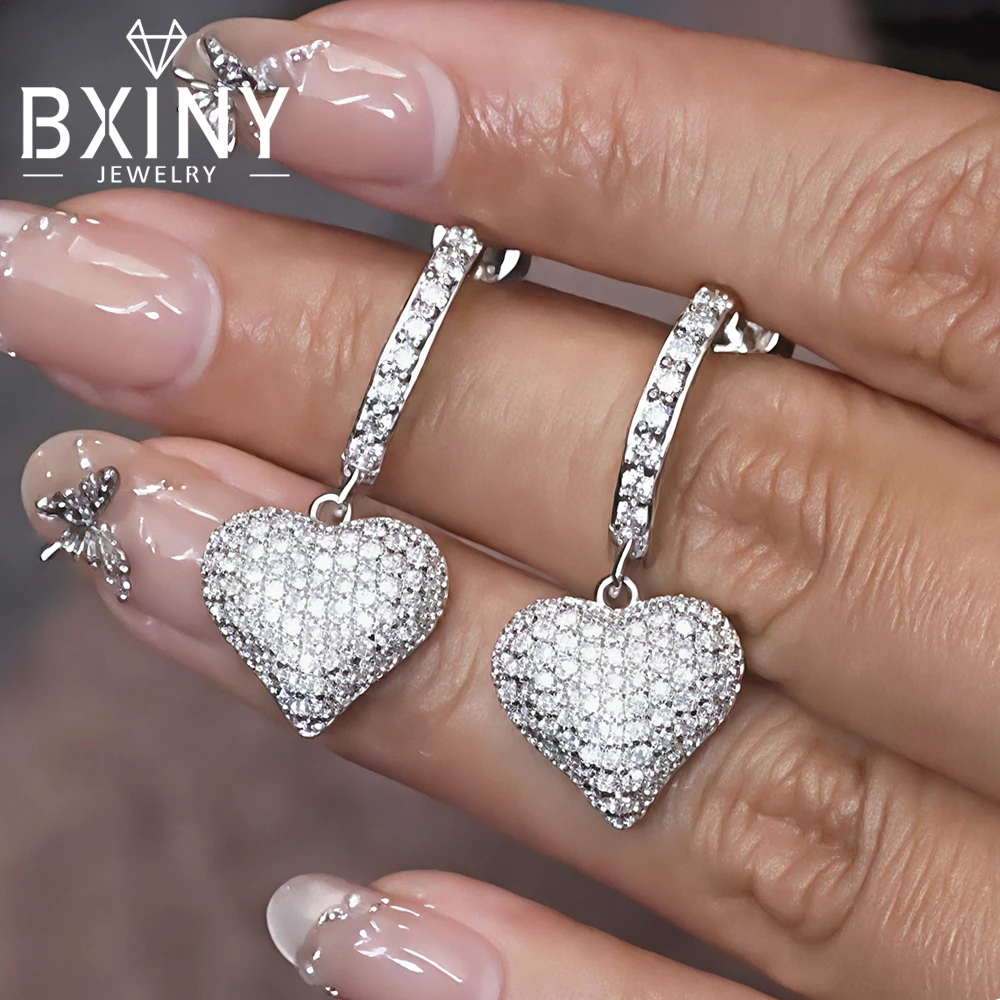 

BXINY All Moissanite Heart Shape Pendant Drop Earrings S925 Silver D Color Lab Diamomd Ear Studs for Women Gift Fine Jewelry GRA