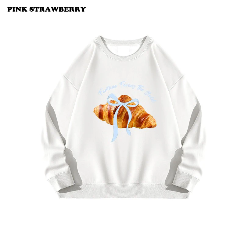 American Croissant Print Plush Sweatshirt Women Autumn 2025 New Oversize Long sleeves Hoodie Pullover Y2K Tops Ladies clothing