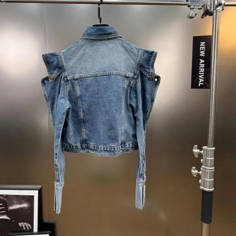 American Retro Triangular Lapel Shoulder Leakage Special-shaped Long-sleeved Street Trendy Spice Girl  Slim-fitting Denim Jacket