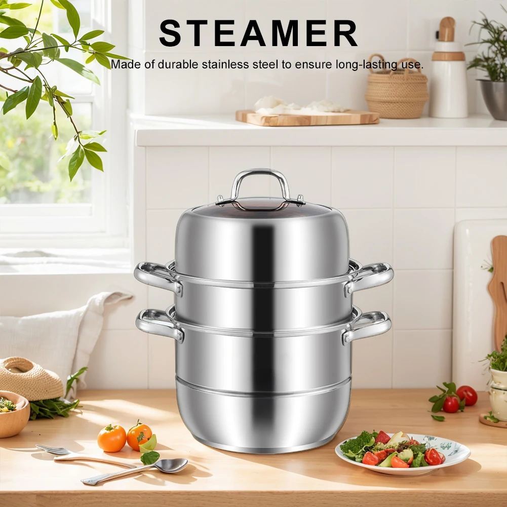 11 inch 3 Tier Stainless Steel Steamer Potwith Lid & Handle Cookware Pot Thick Food Steamer for Vegetable Dumpling Stock Sauce