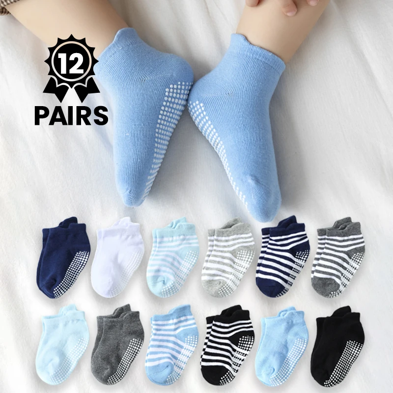 12 Paar klebefixierte Anti-Rutsch-Socken für Kinder, tägliche Bodensocken für Jungen zum Laufenlernen, mit Streifenmuster