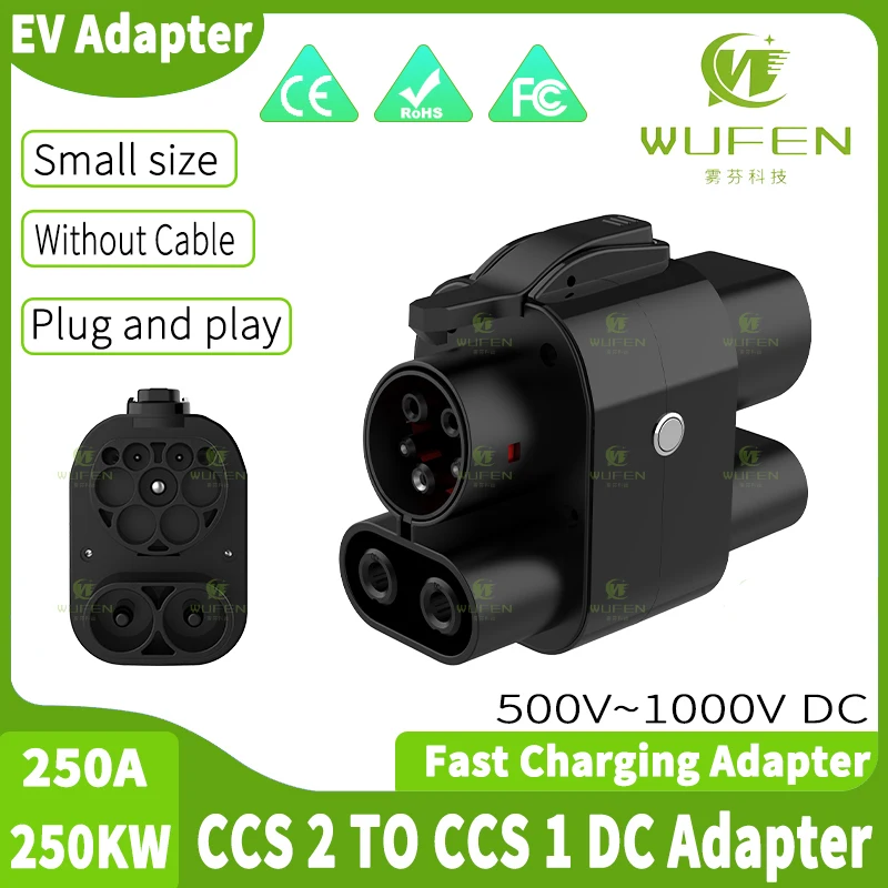 WUFEN CCS2 to CCS1 250A Adapter CCS Combo Charging Connector EV Charger Converter DC Fast Ev Charging Adapter For USA CCS1 Car